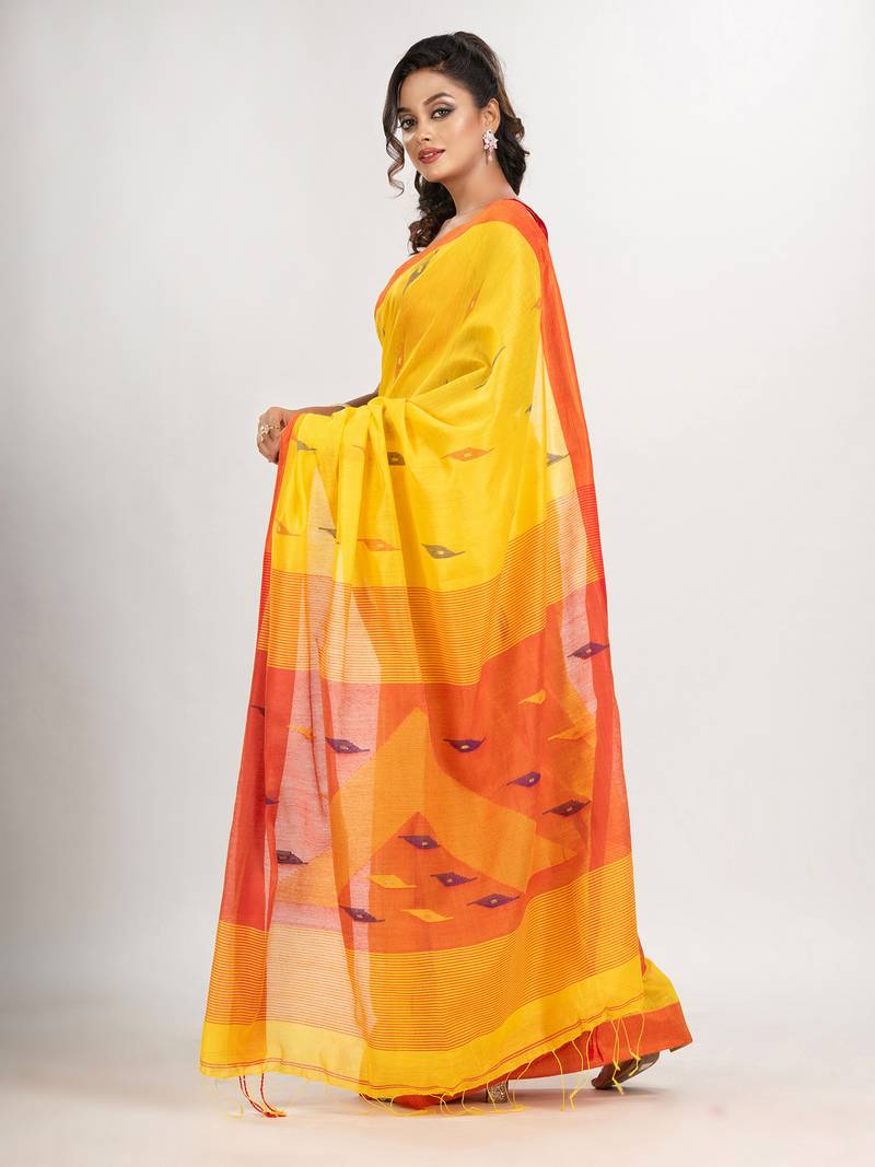 yellow cotton blend all body motive with red pallu jamdani saree