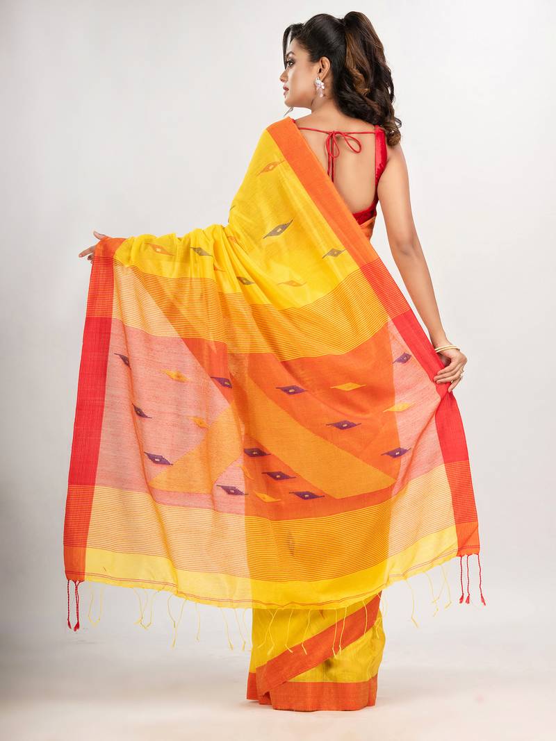 yellow cotton blend all body motive with red pallu jamdani saree