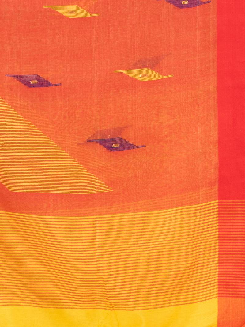 yellow cotton blend all body motive with red pallu jamdani saree