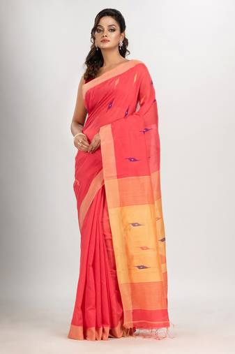 pastel red cotton blend all body motive with light yellow pallu jamdani saree