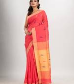 pastel red cotton blend all body motive with light yellow pallu jamdani saree
