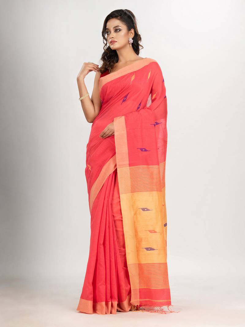 pastel red cotton blend all body motive with light yellow pallu jamdani saree