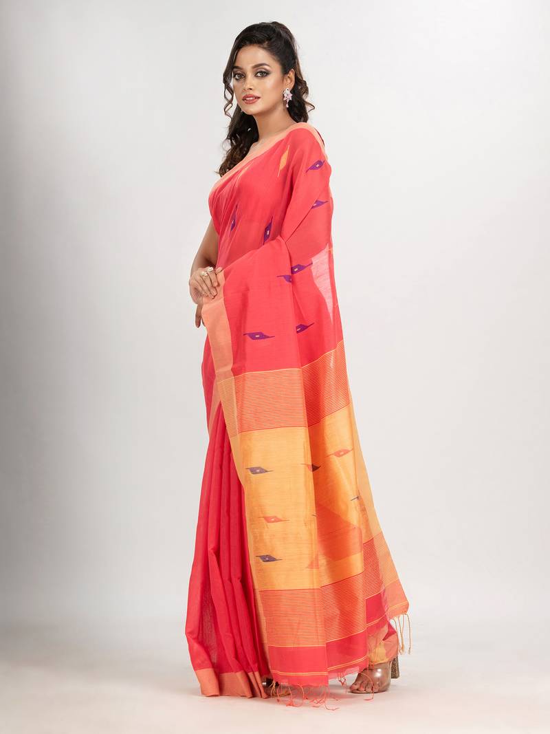 pastel red cotton blend all body motive with light yellow pallu jamdani saree