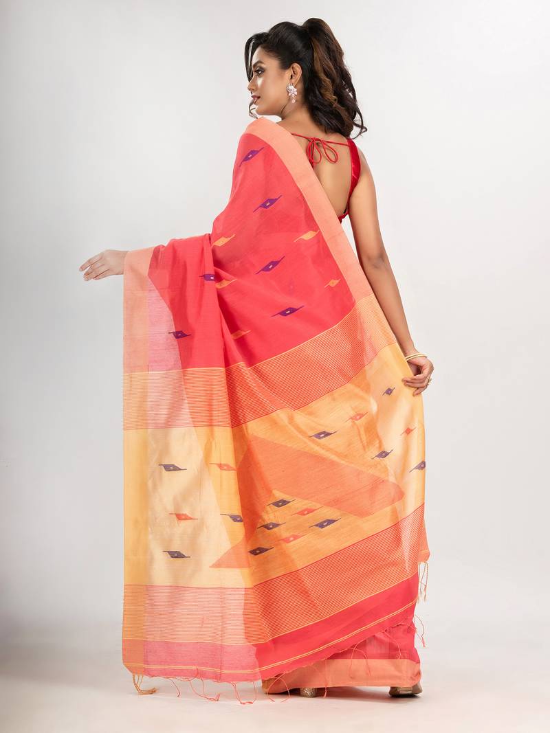 pastel red cotton blend all body motive with light yellow pallu jamdani saree