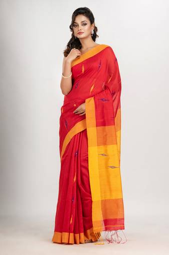Red cotton blend all body motive with yellow pallu jamdani saree