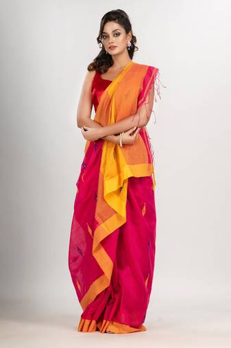 Deep pink cotton blend all body motive with yellow pallu jamdani saree