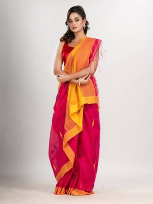 Deep pink cotton blend all body motive with yellow pallu jamdani saree 1