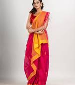 Deep pink cotton blend all body motive with yellow pallu jamdani saree