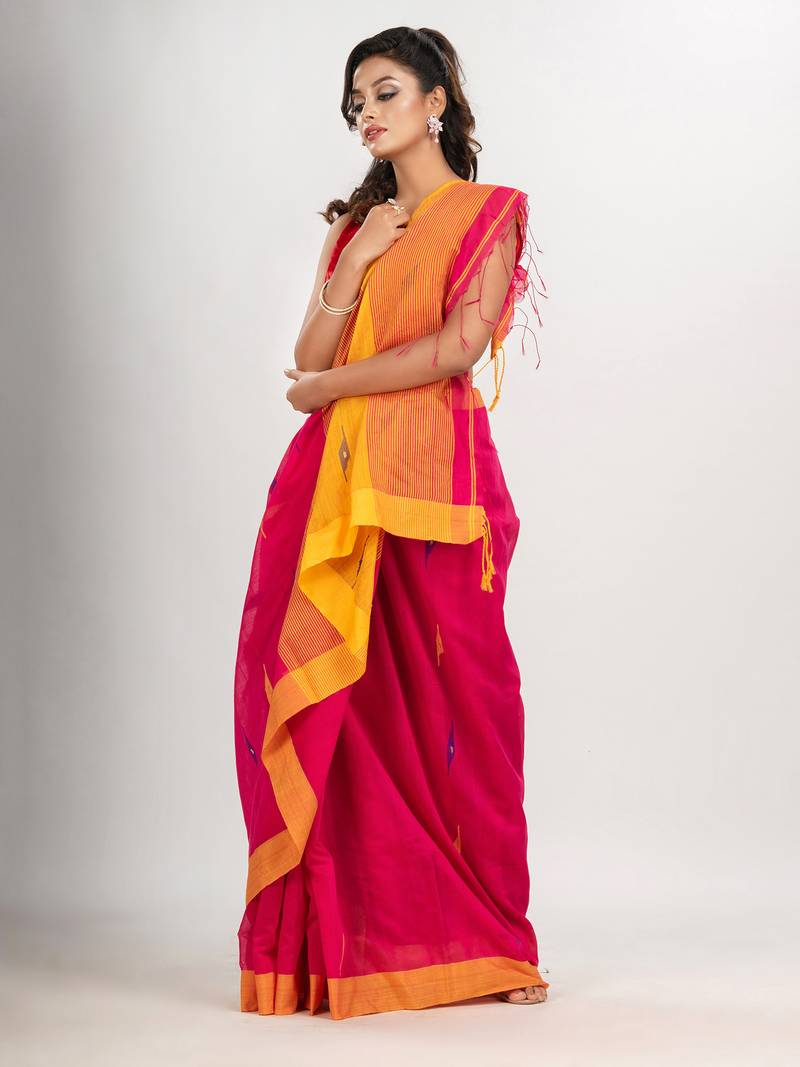 Deep pink cotton blend all body motive with yellow pallu jamdani saree