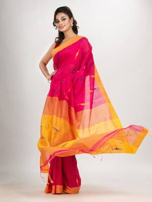 Deep pink cotton blend all body motive with yellow pallu jamdani saree 3