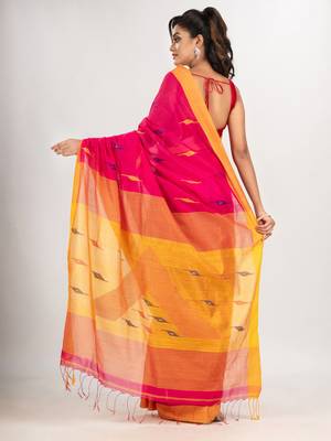 Deep pink cotton blend all body motive with yellow pallu jamdani saree 4