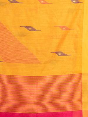 Deep pink cotton blend all body motive with yellow pallu jamdani saree 6