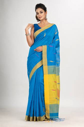 Auqa blue cotton blend all body motive with yellow pallu jamdani saree