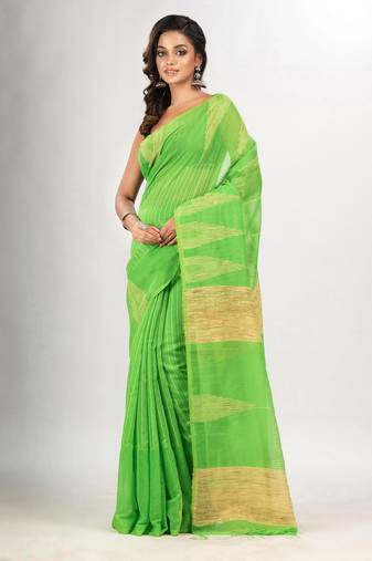 Lime green cotton blend handloom saree