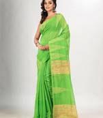 Lime green cotton blend handloom saree