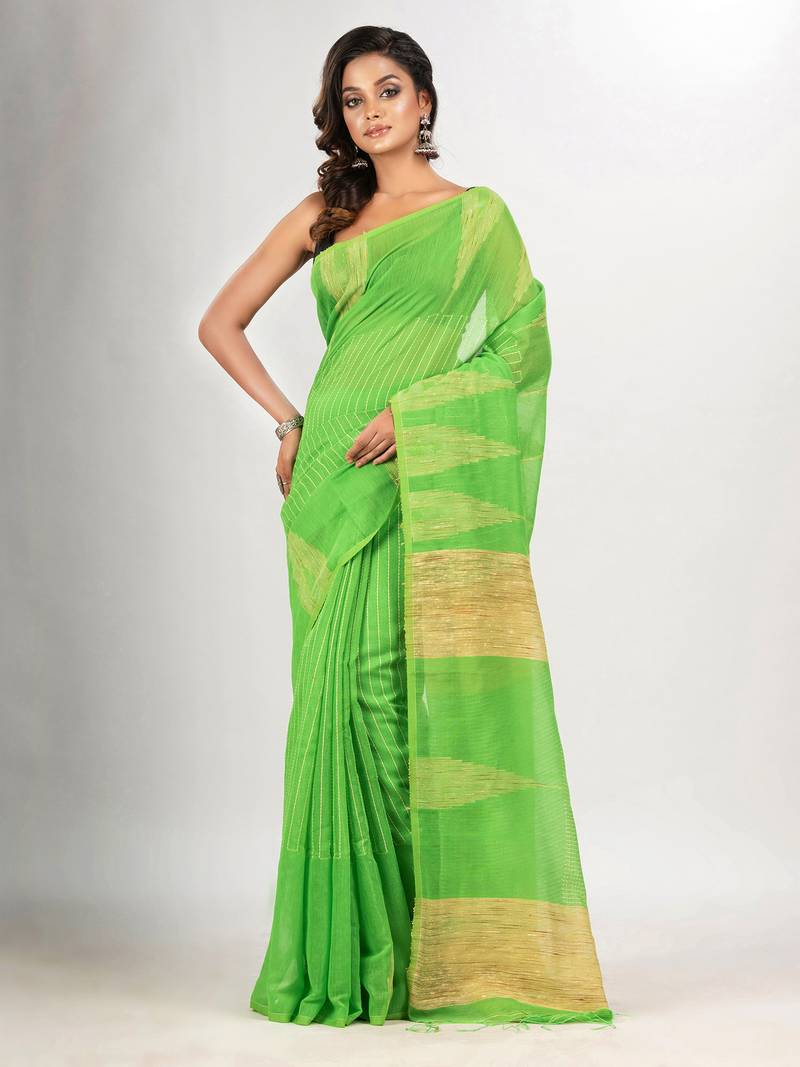 Lime green cotton blend handloom saree