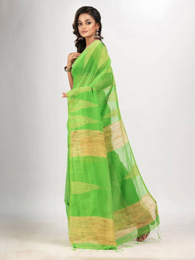Lime green cotton blend handloom saree
