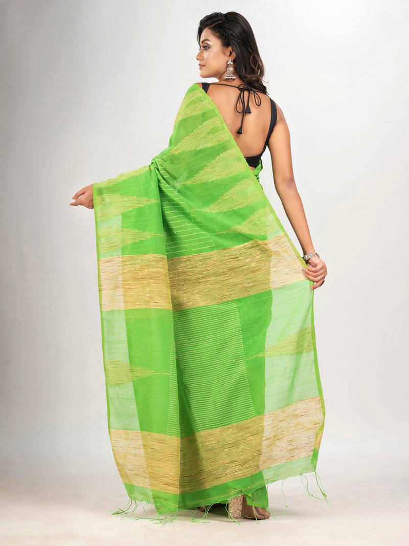 Lime green cotton blend handloom saree