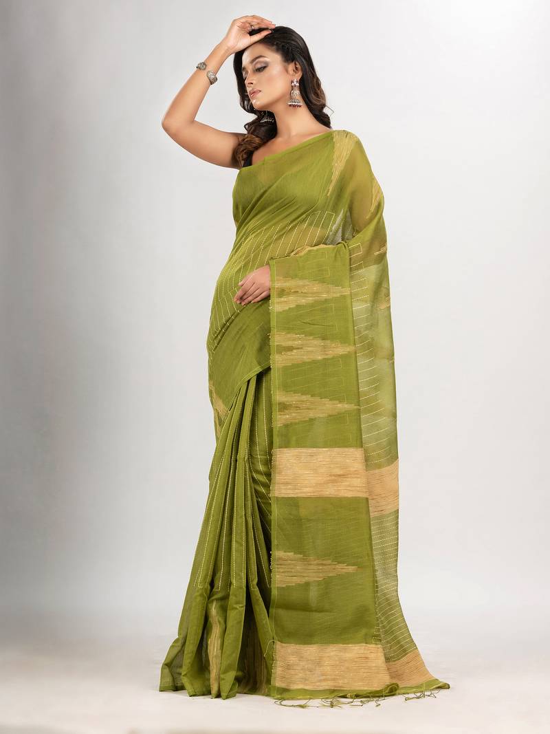 Pista green cotton blend handloom saree