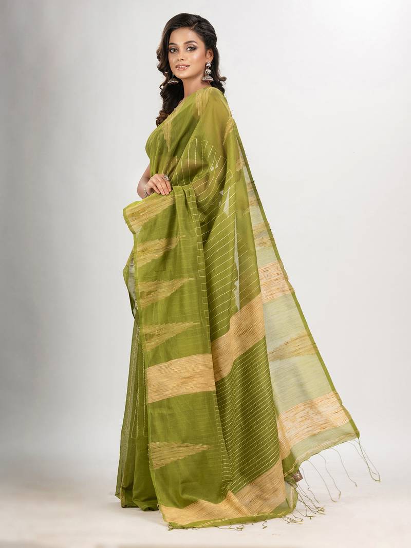 Pista green cotton blend handloom saree