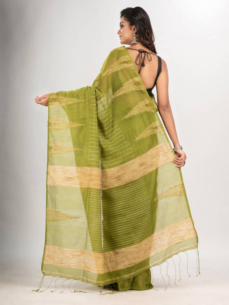 Pista green cotton blend handloom saree