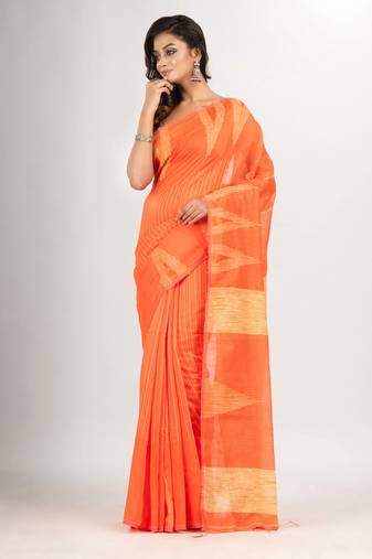 Orange cotton blend handloom saree