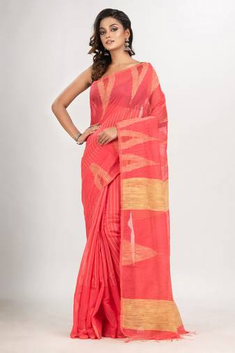 Pastel red cotton blend handloom saree