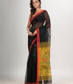 Black cotton blend all body buti with yellow pallu flower tree motive jamdani saree