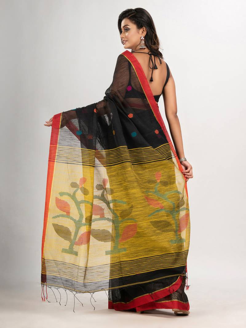 Black cotton blend all body buti with yellow pallu flower tree motive jamdani saree