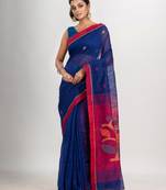 Royal blue cotton blend all body buti with rani pallu flower tree motive jamdani saree