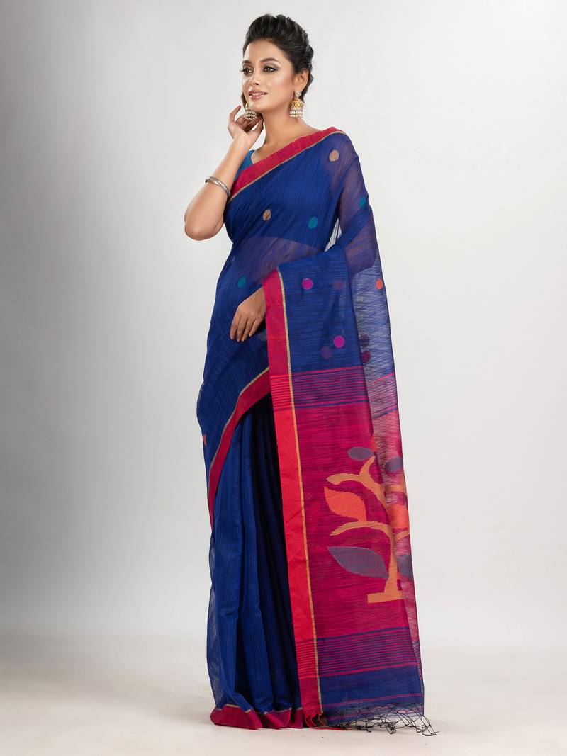 Royal blue cotton blend all body buti with rani pallu flower tree motive jamdani saree