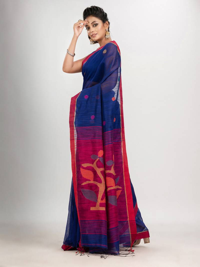 Royal blue cotton blend all body buti with rani pallu flower tree motive jamdani saree