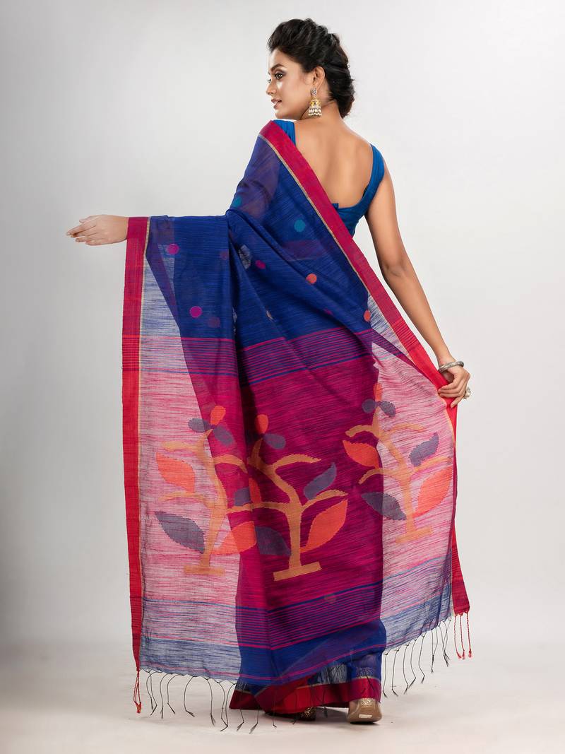 Royal blue cotton blend all body buti with rani pallu flower tree motive jamdani saree