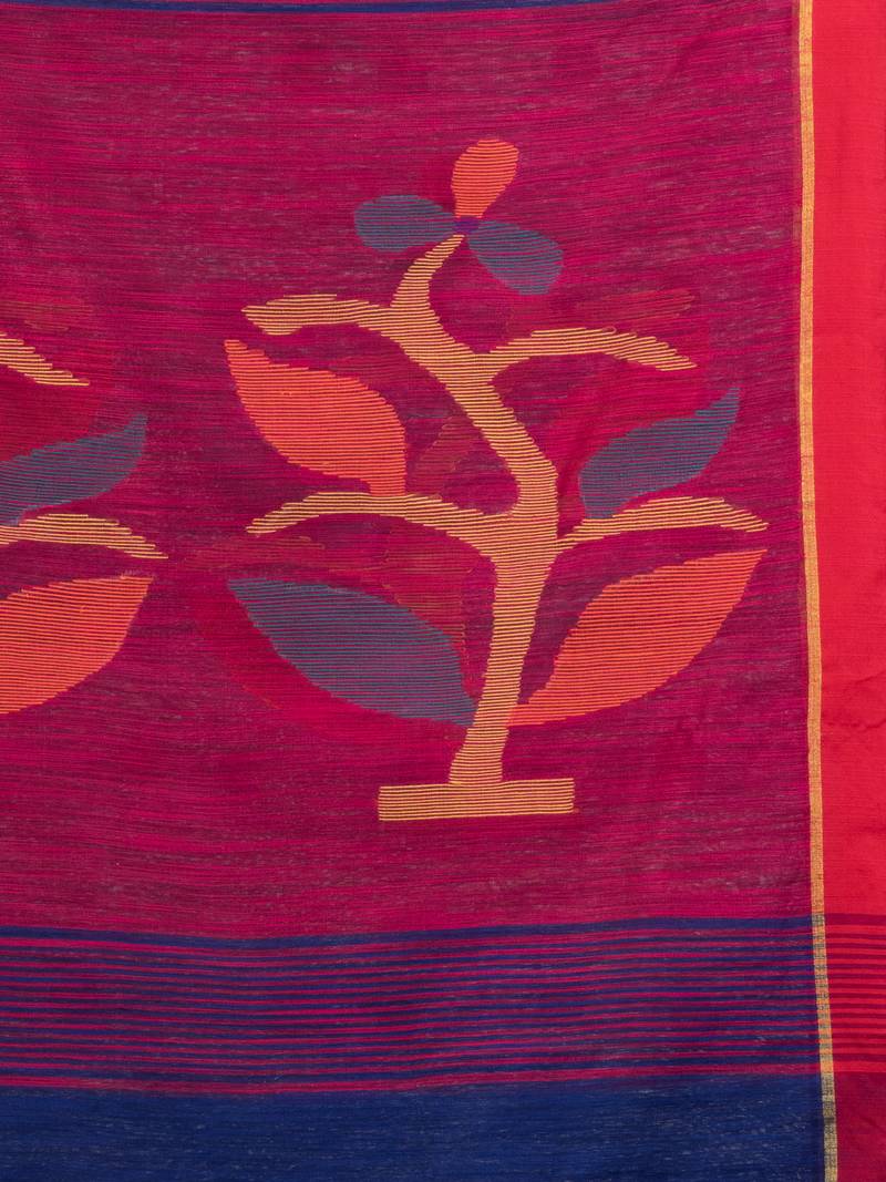 Royal blue cotton blend all body buti with rani pallu flower tree motive jamdani saree