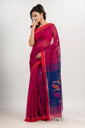 Rani cotton blend all body buti with blue pallu flower tree motive jamdani saree