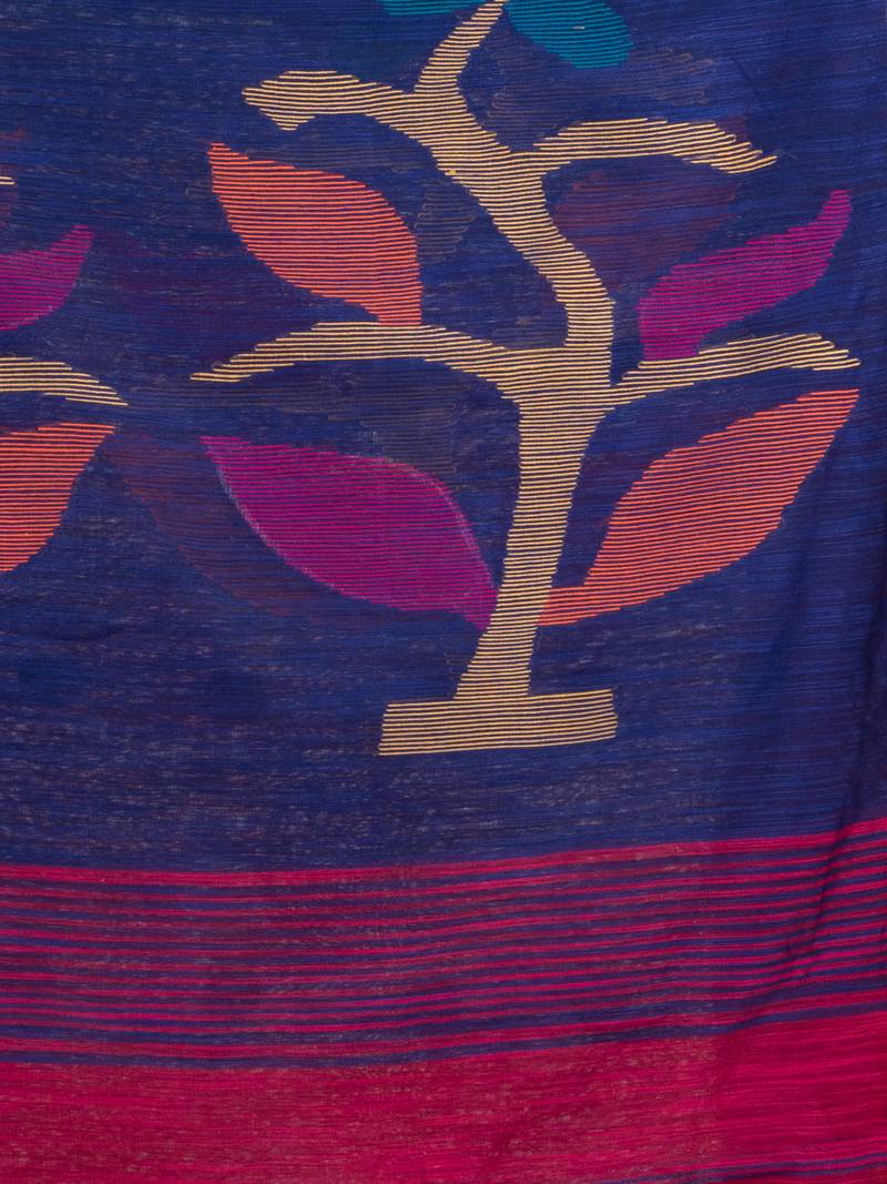 Rani cotton blend all body buti with blue pallu flower tree motive jamdani saree