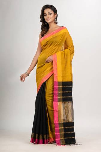 Yellow & black cotton blend handloom saree