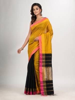 Yellow & black cotton blend handloom saree 1