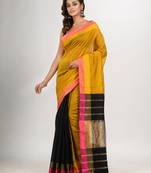 Yellow & black cotton blend handloom saree