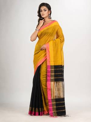 Yellow & black cotton blend handloom saree 2