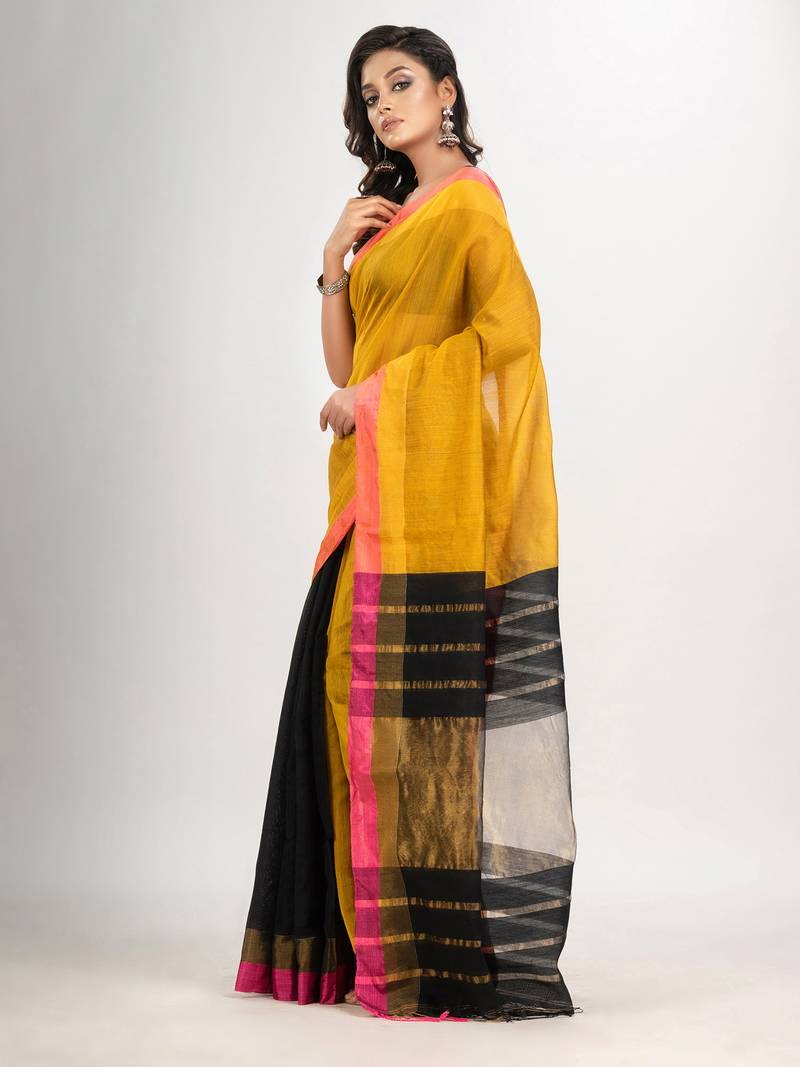 Yellow & black cotton blend handloom saree