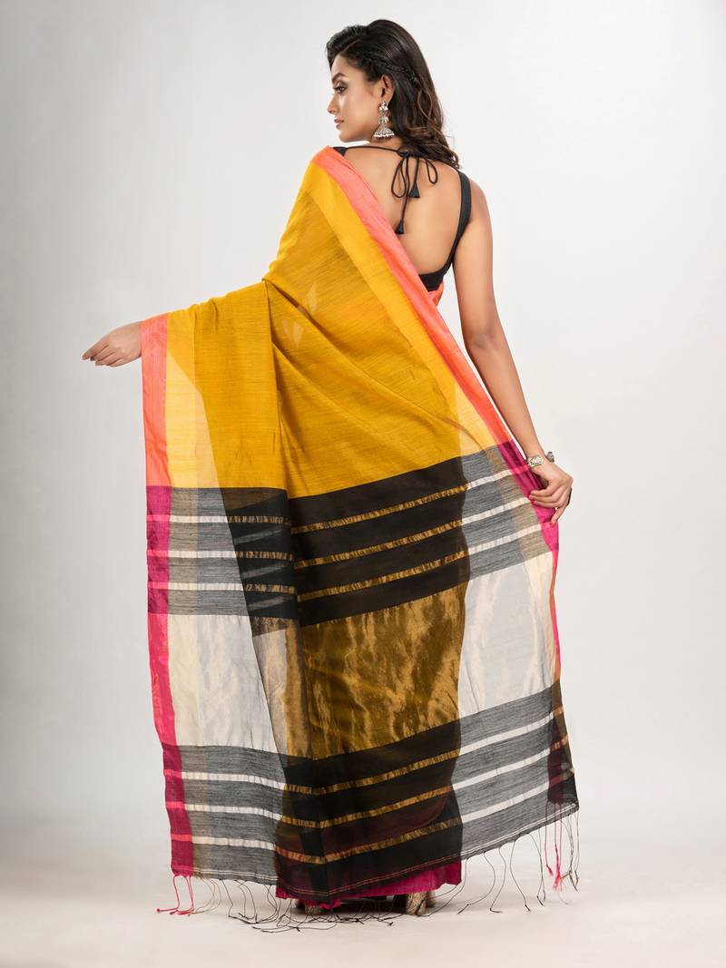 Yellow & black cotton blend handloom saree