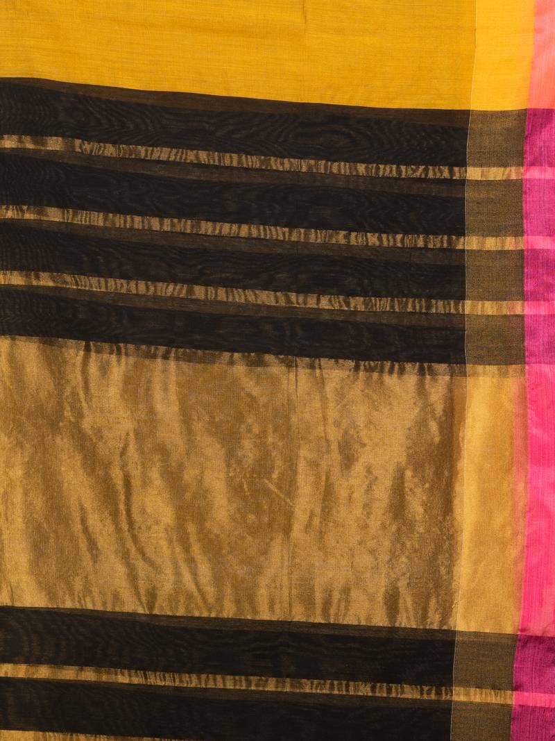 Yellow & black cotton blend handloom saree