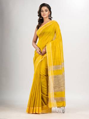 Yellow cotton blend with pallu ghicha handloom saree 1