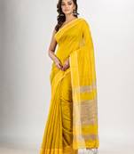 Yellow cotton blend with pallu ghicha handloom saree