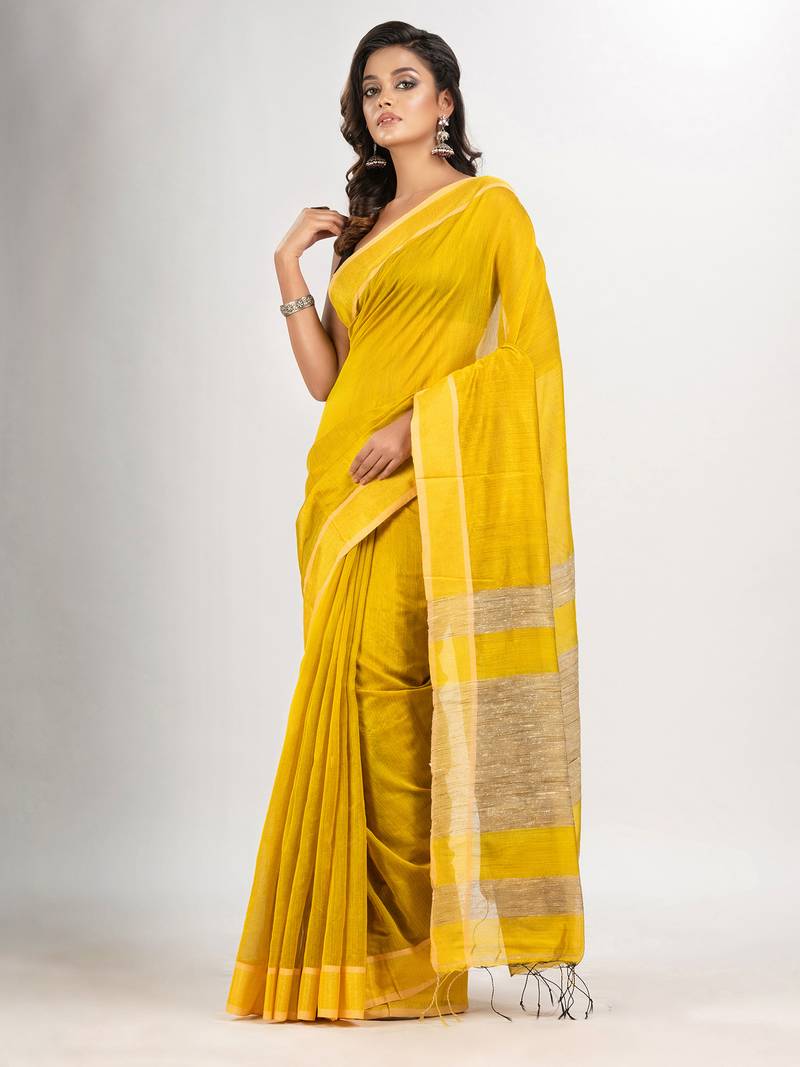 Yellow cotton blend with pallu ghicha handloom saree