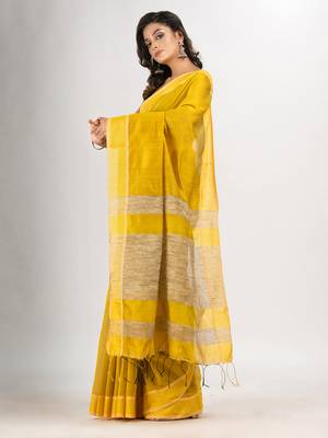 Yellow cotton blend with pallu ghicha handloom saree 3