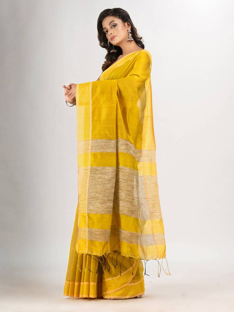 Yellow cotton blend with pallu ghicha handloom saree