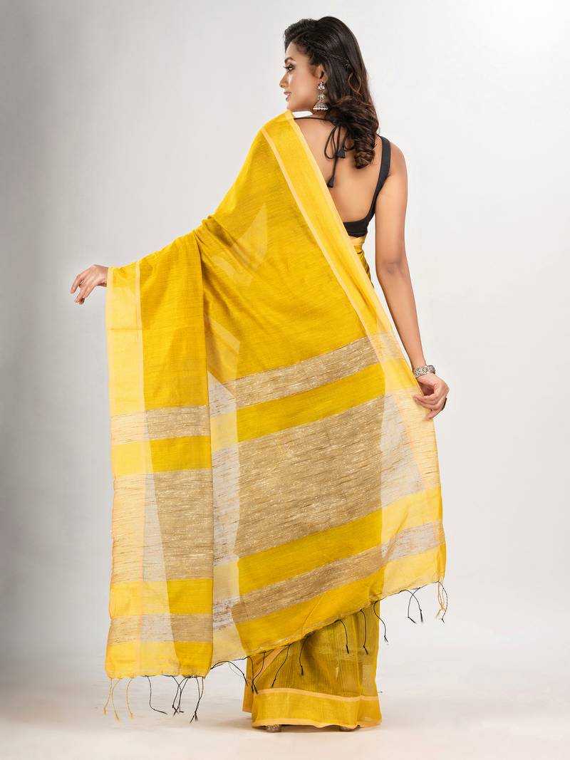 Yellow cotton blend with pallu ghicha handloom saree