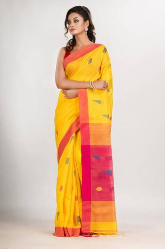 Yellow cotton blend all body boll motive with rani pallu jamdani saree